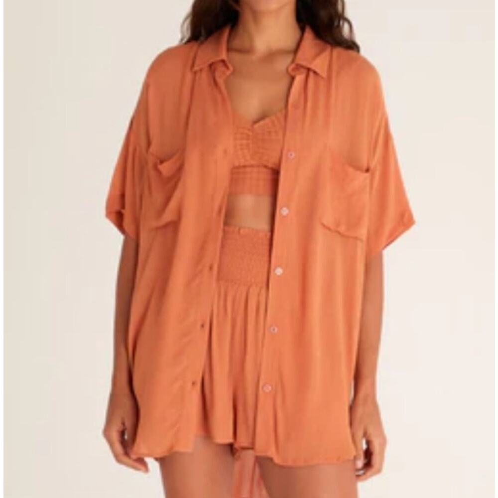 Z Supply Resort Clearwater Crinkle Button Front Top Burnt Orange Size Small